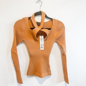 NWT Minkpink Gianna Crisscross Ribbed-Knit Long Sleeve Top